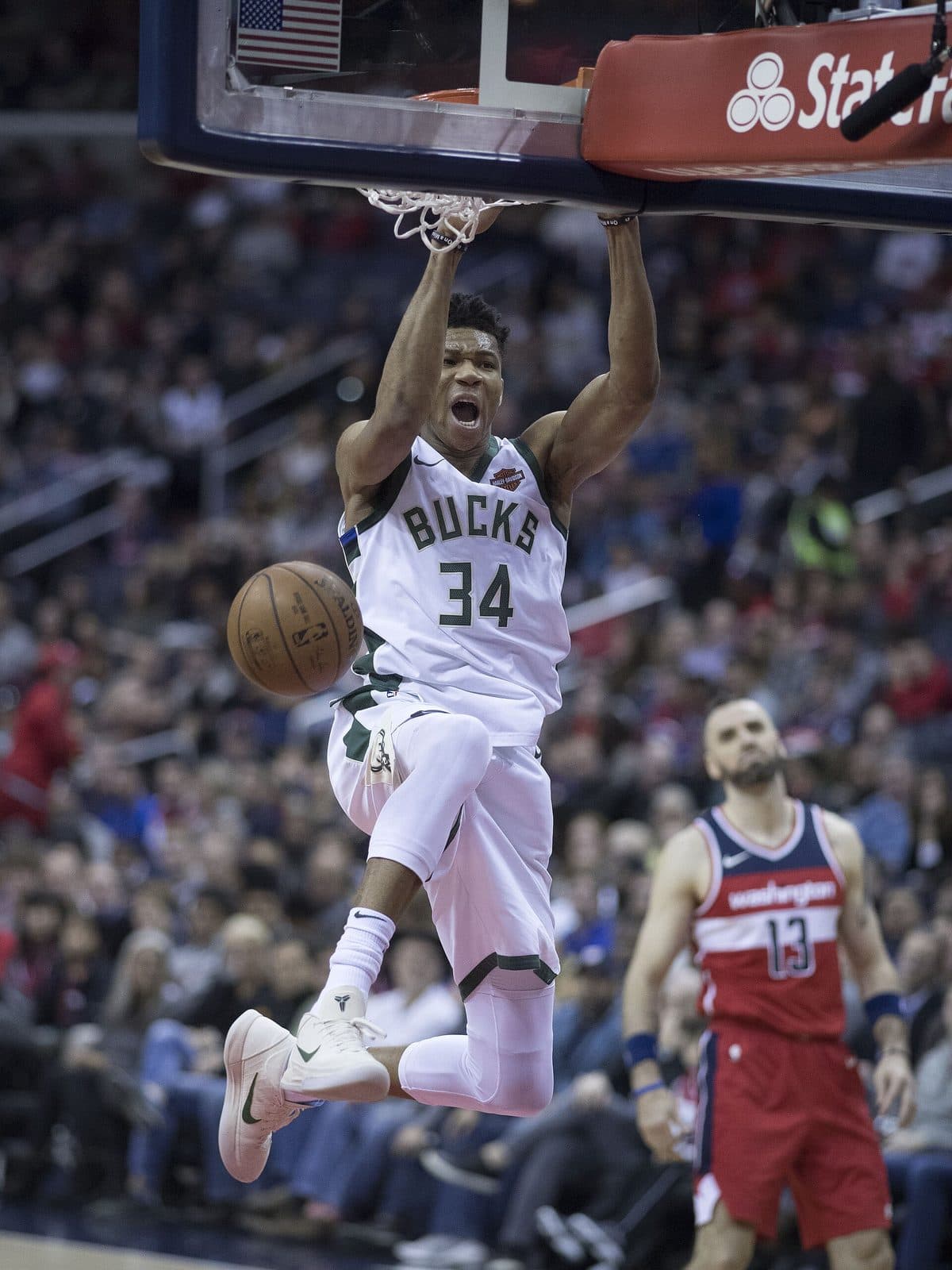 Giannis Antetokounmpo dunking for the Milwaukee Bucks